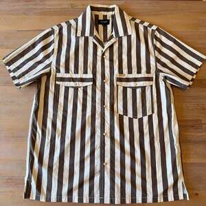 Seager Co. Brown and Cream Vertical Striped Short Sleeve Camp Shirt Men's Large